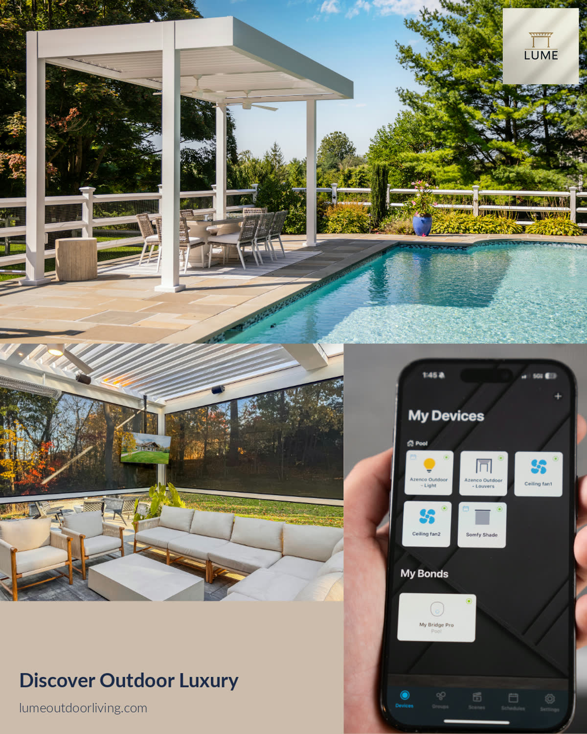 LUME outdoor living collage — poolside pergola, enclosed lounge, smart phone app control